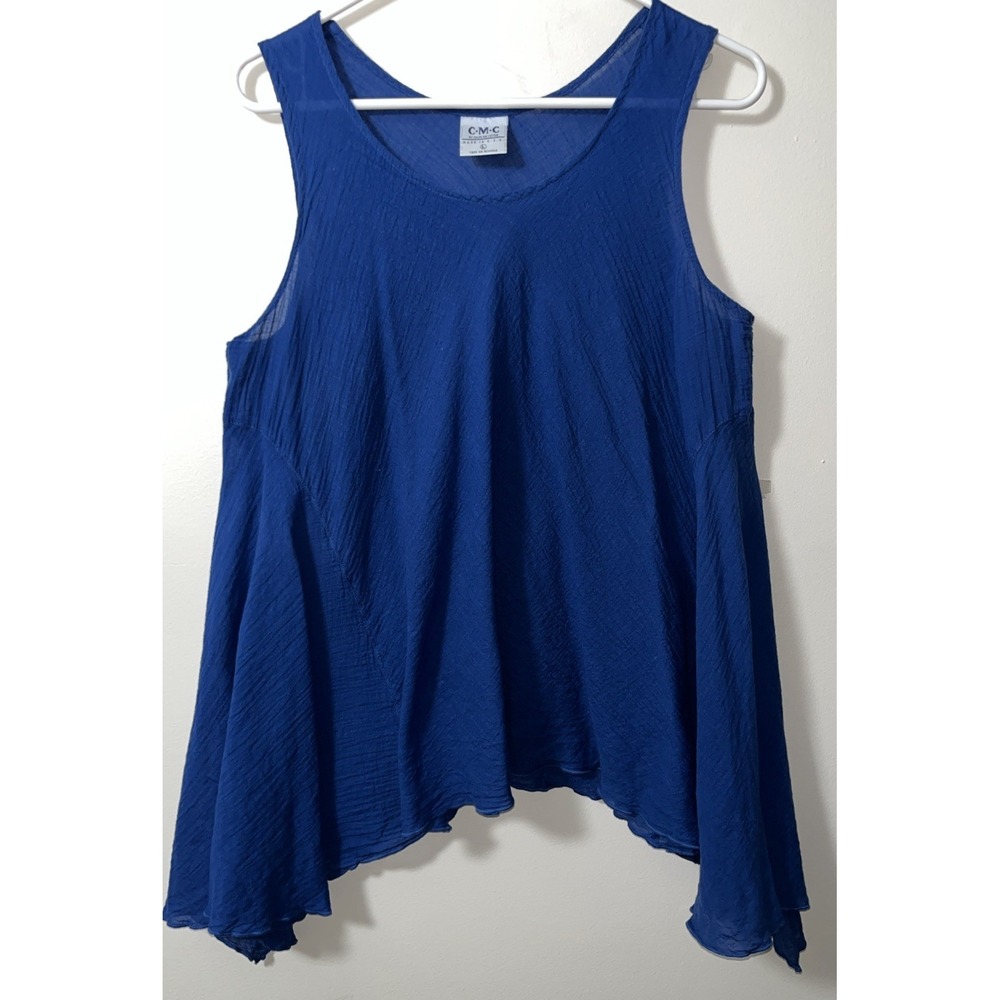 Cotton Gauze Lagenlook Asymmetric Tank Top L USA Blue Breathable Beach Resort